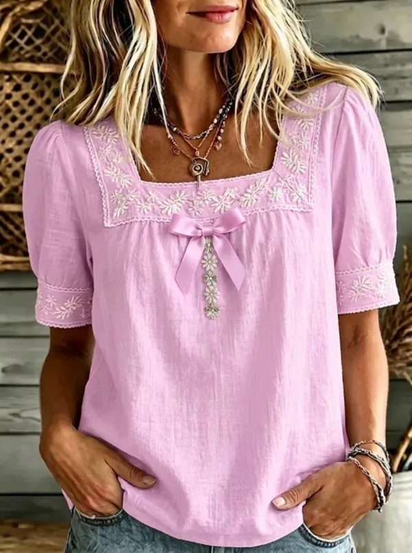 Women's Square Neck Bow-detail Floral Embroidered Blouse