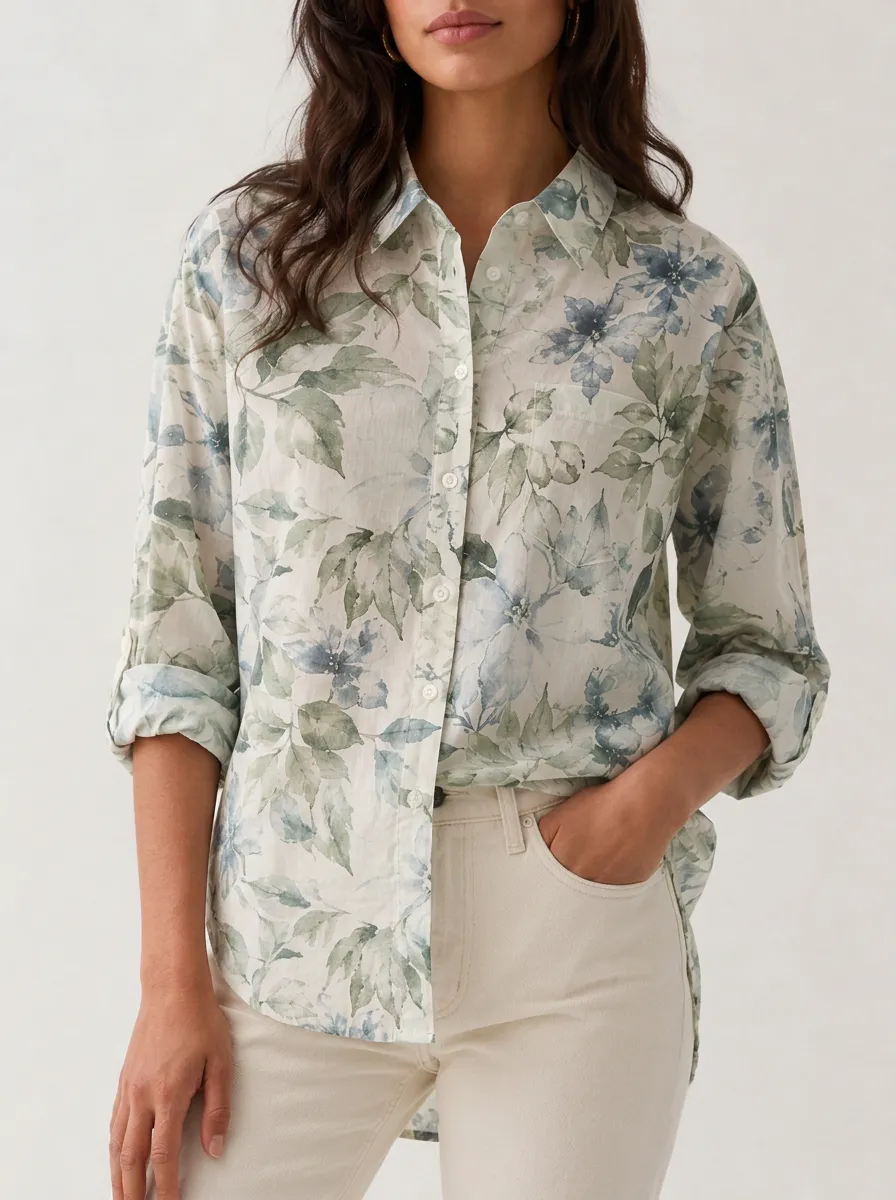 Women's Botanical Floral Watercolor Printed Button-up Shirt