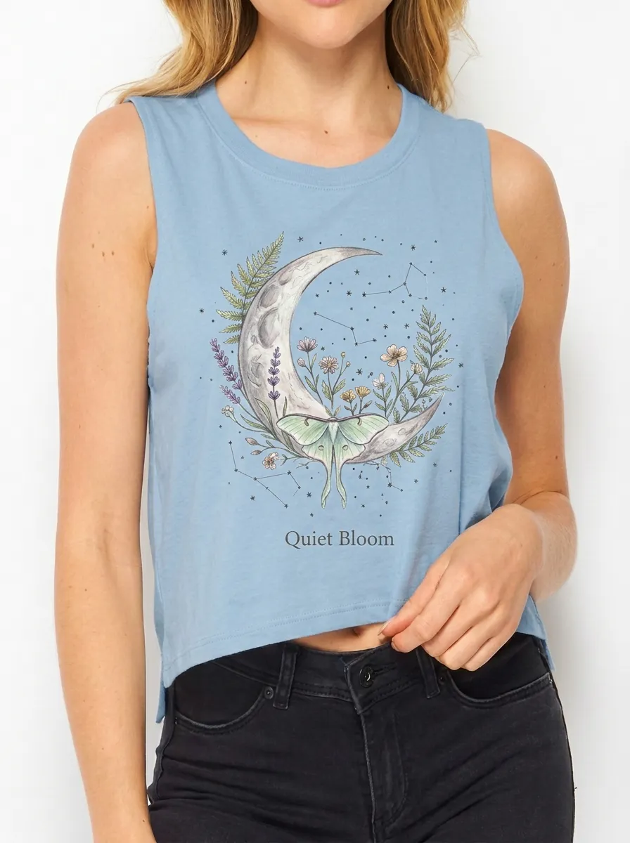 Women's Celestial Moth Floral Moon Printed Crop Tank Top