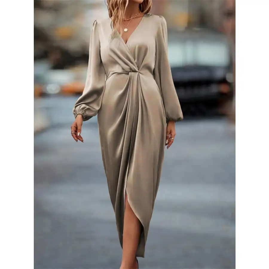High-Low Surplice Balloon Sleeve Midi Dress