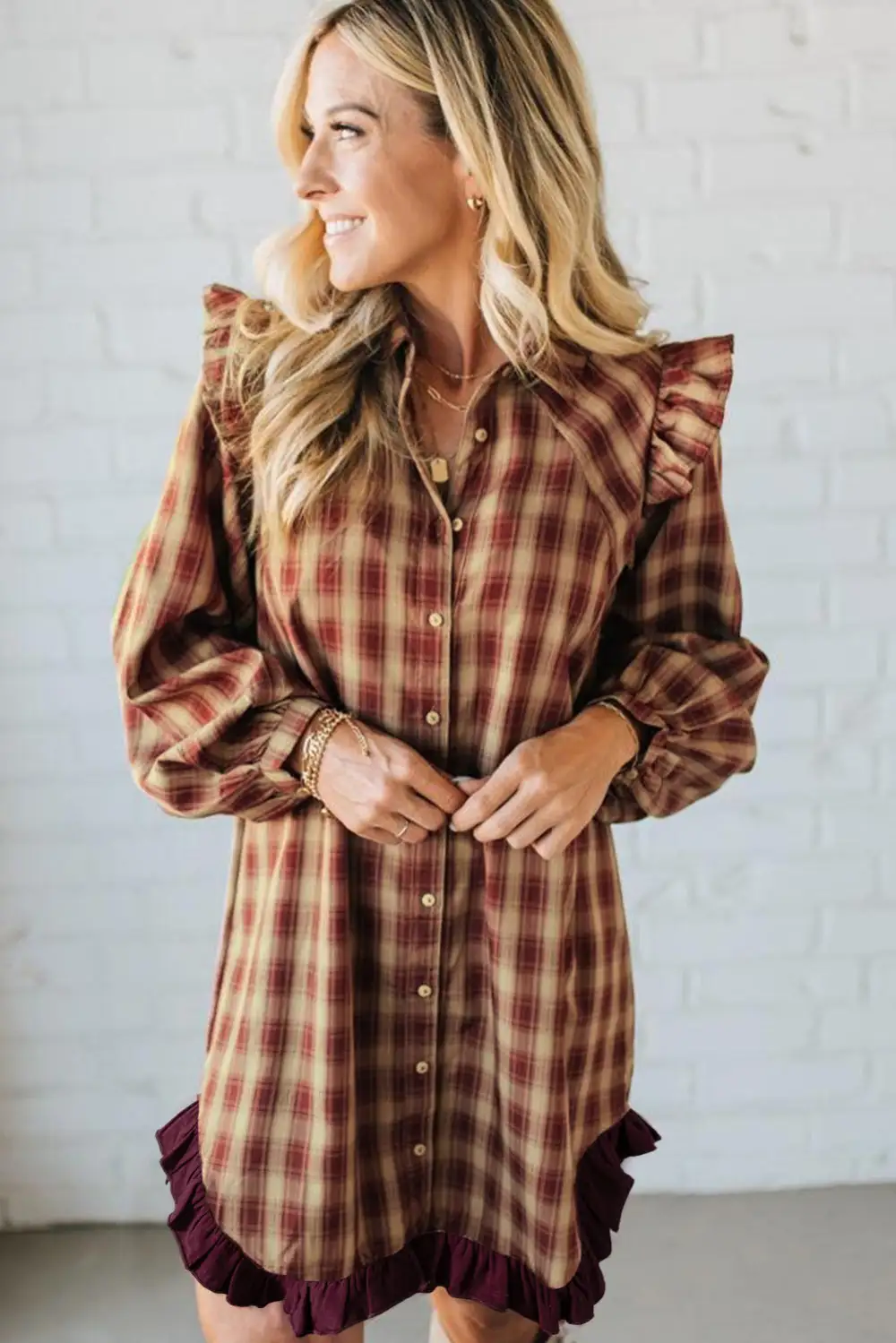 Gathered Detail Plaid Patchwork Ruffle Mini Dress