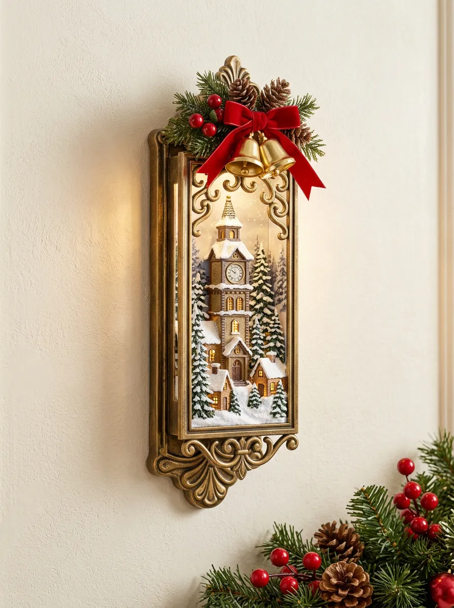 LED Snowy Village Clock Tower Christmas Wall Light