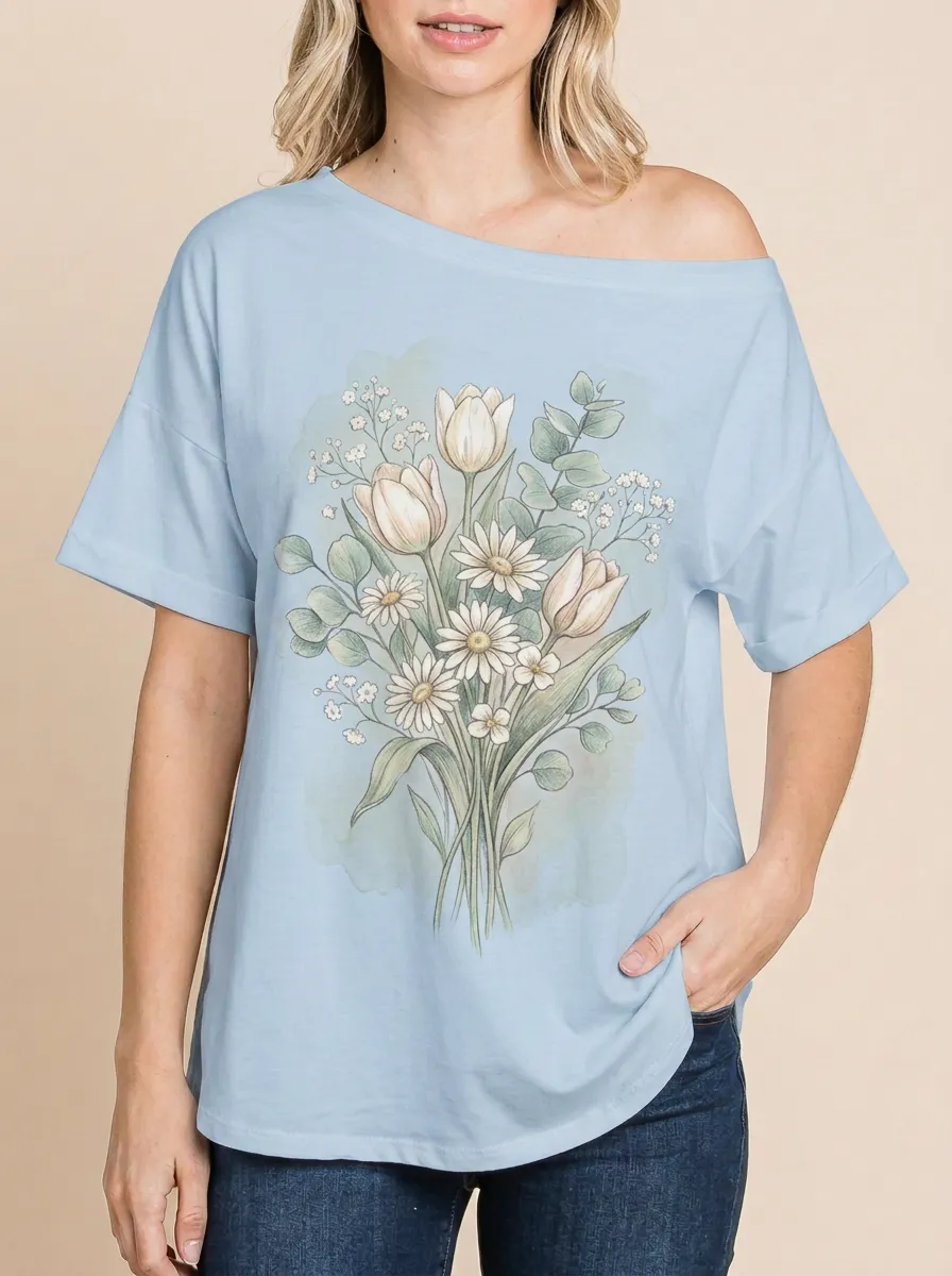 Women's Floral Lover Tulip Daisy Bouquet Printed T-shirt