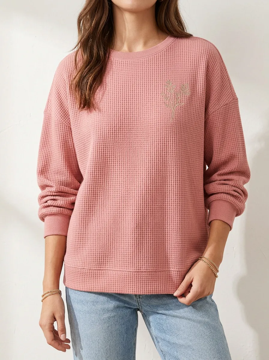 Women's Floral Butterfly Minimalist Printed Waffle Knit Sweatshirt
