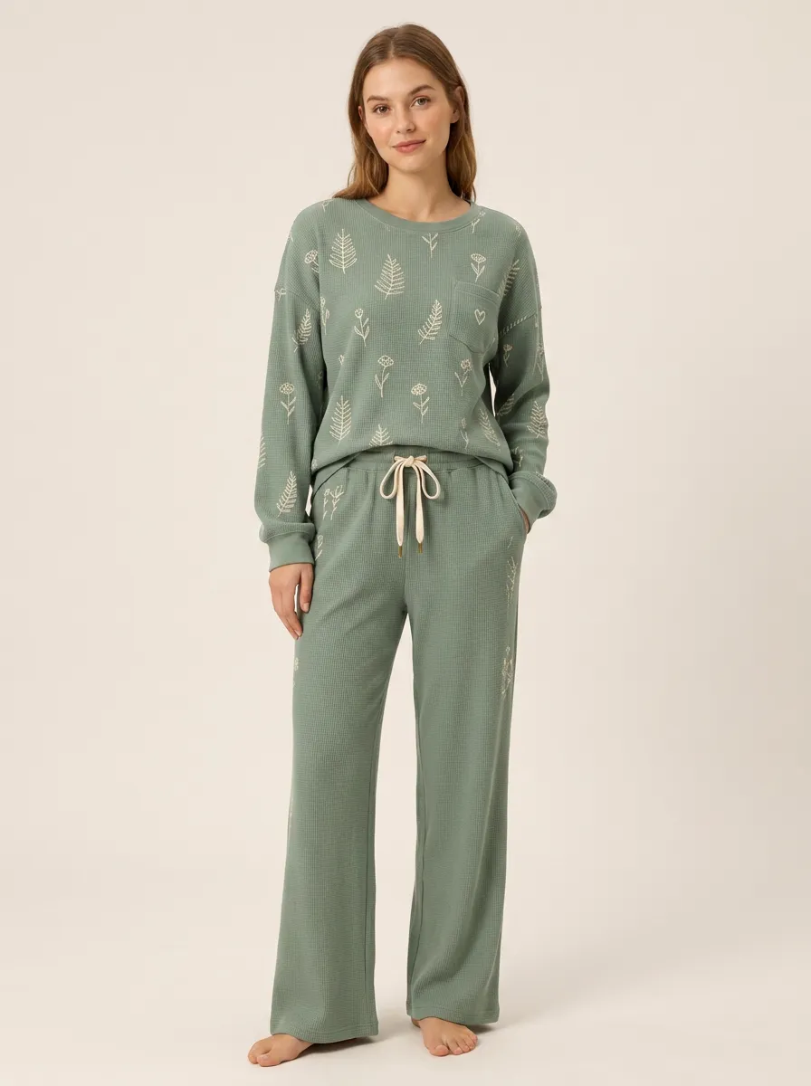 Women's Botanical Nature Lover Floral Printed Waffle Knit Lounge Set