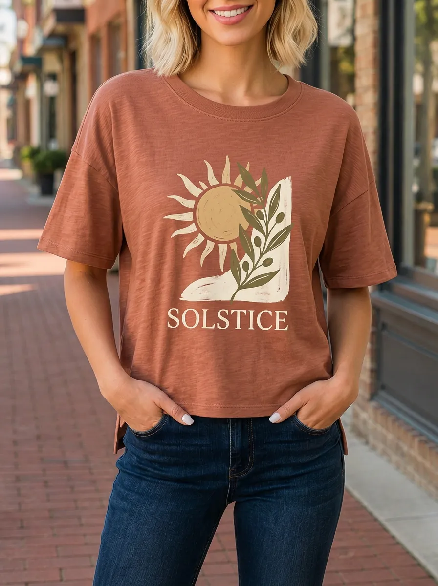 Women's Boho Solstice Sun Olive Branch Printed T-shirt