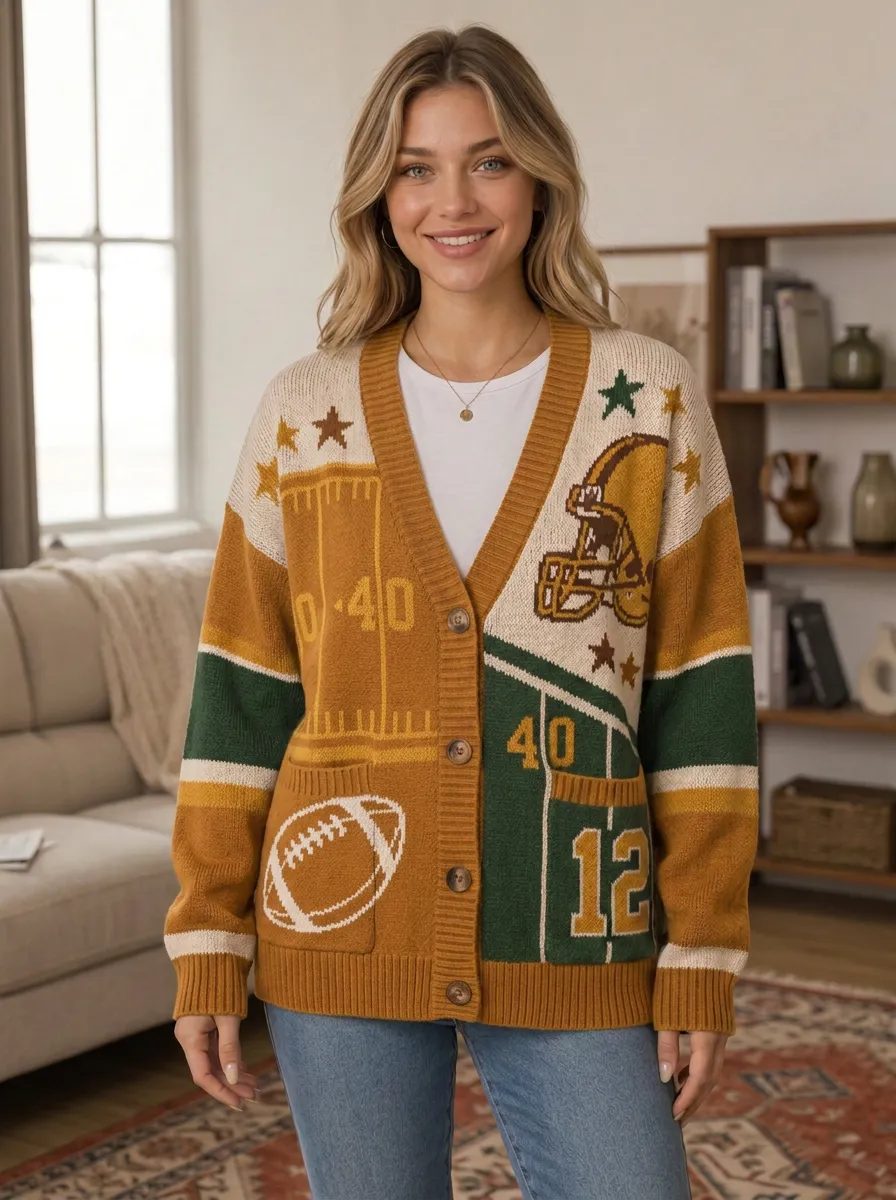 Women's Casual Gridiron Helmet Ball Knit Cardigan