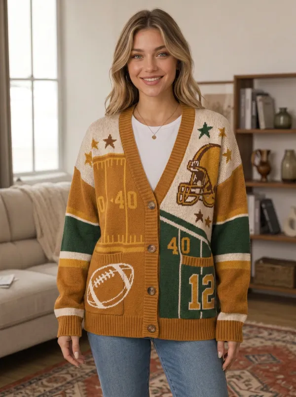 Women's Casual Gridiron Helmet Ball Knit Cardigan