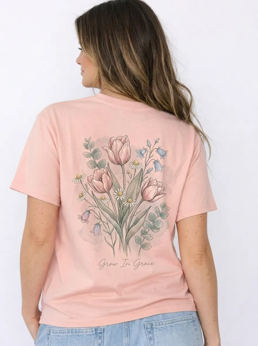 Women's Floral Grow In Grace Watercolor Tulip Printed T-shirt