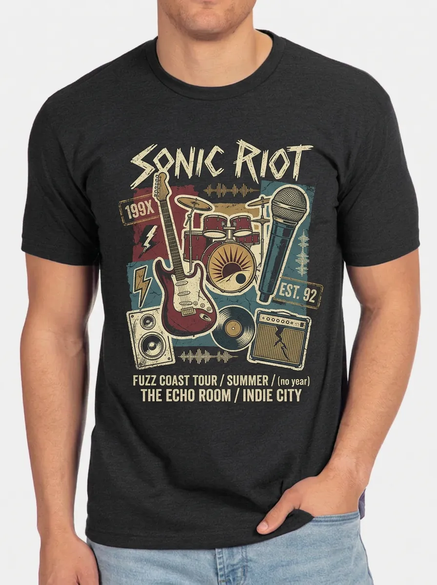 Men's Indie Rock Band Sonic Riot Guitar Drum Printed T-shirt