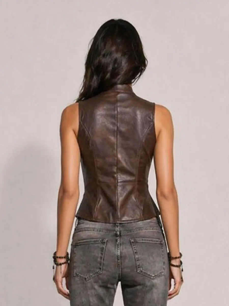 Dahlia Biker-Style Lapel Leather Sleeveless Vest