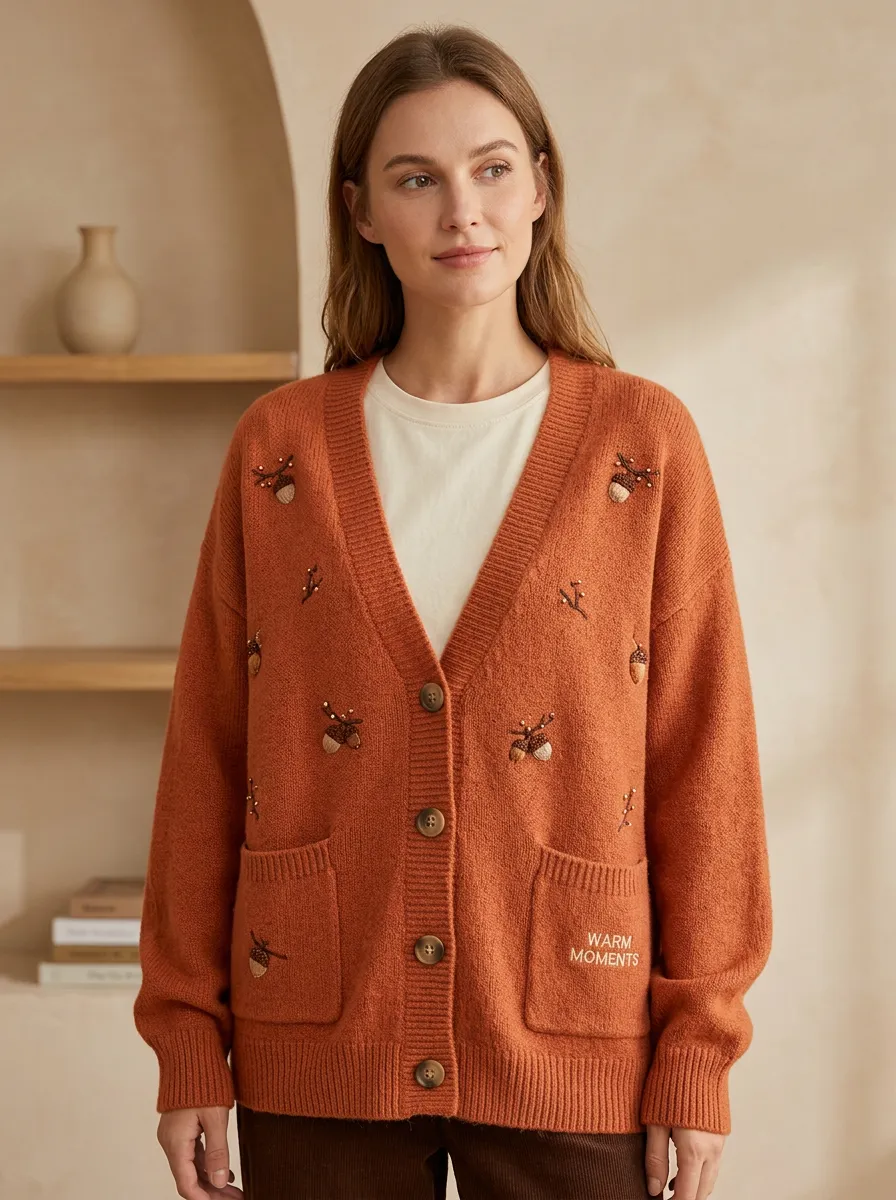 Nature-Inspired Acorn Pattern Embroidered Women's Knit Cardigan