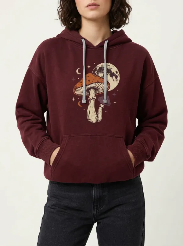 Women's Halloween Witchy Mushroom Moon Printed Hoodie