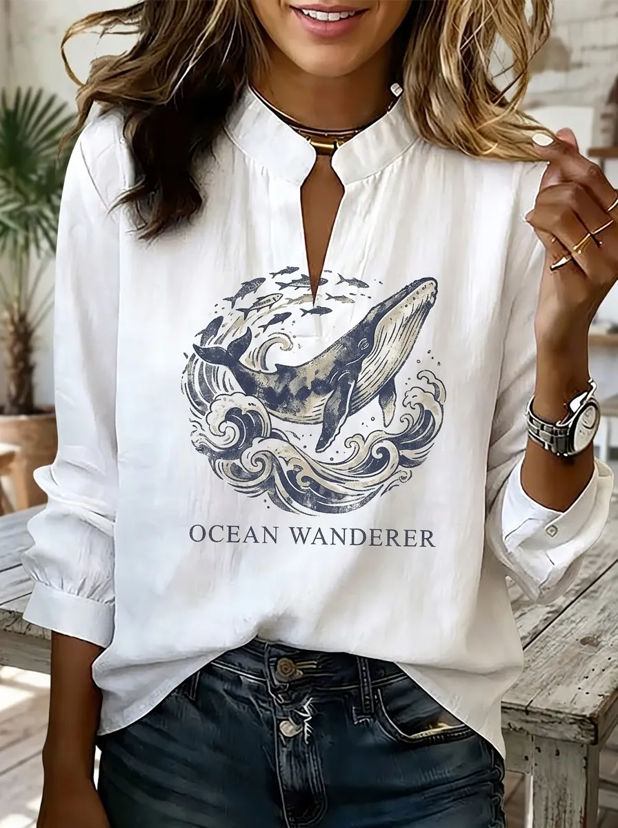 Women's Ocean Lover Whale Waves Printed V-neck Top