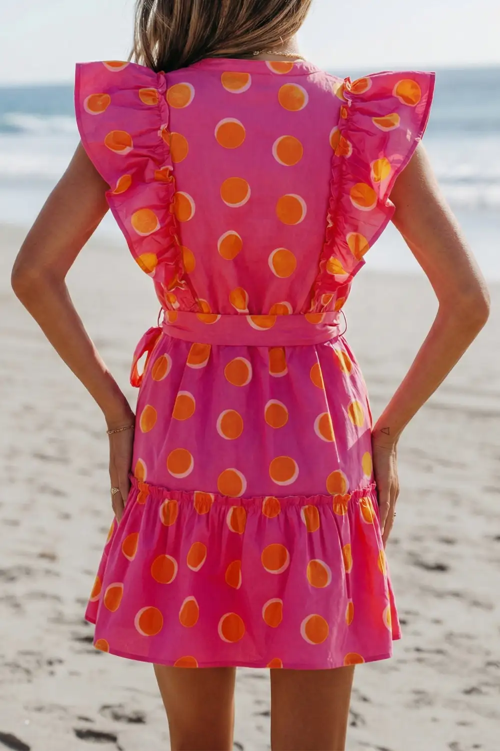 Polka Dot Ruffle Trim V-Neck Mini Dress
