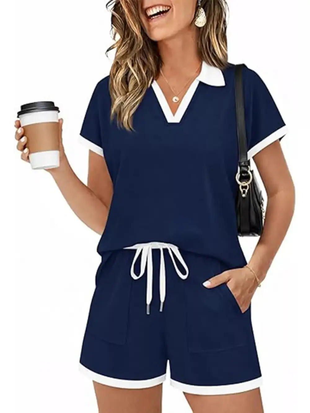 Polo Collar Short Sleeve Top Shorts Set