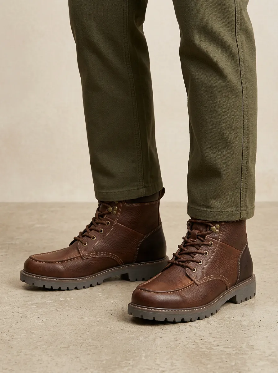 Unisex Leather Lace-Up Stitched Work Boots