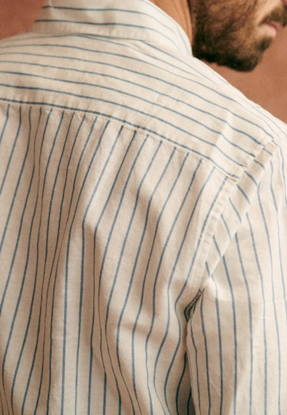 White Blue Stripe Cotton Linen Blend Button Down Shirt