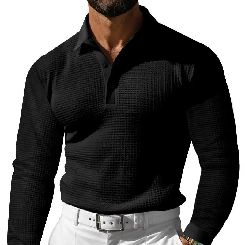 Waffle Texture Button Placket Long Sleeve Slim Fit Polo Shirt