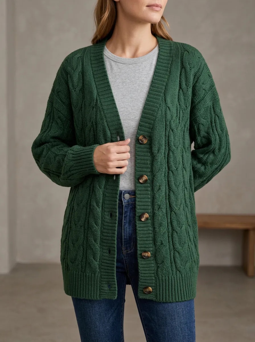 Women's Effortless Cable Knit Button Front V Neck Cardigan