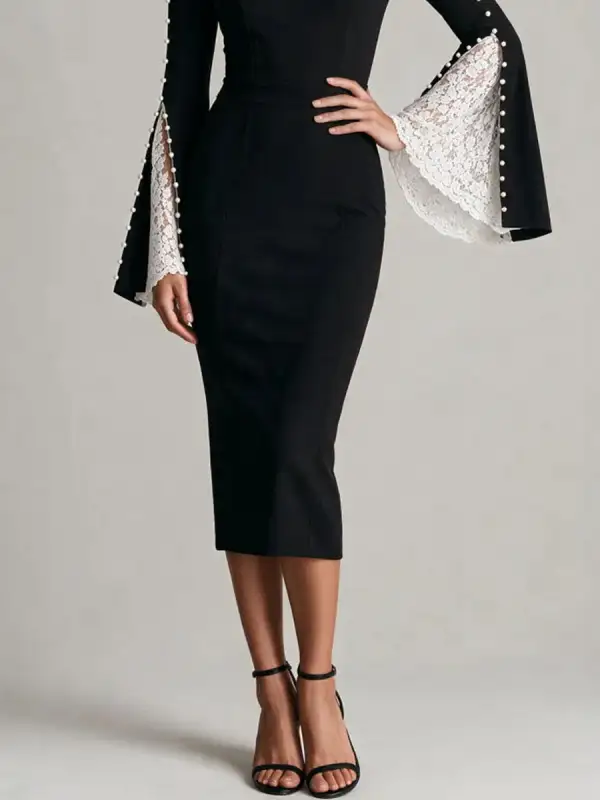 Elegant High Neck Lace Bell Sleeve Pencil And Pearl Embellished Midi Dress