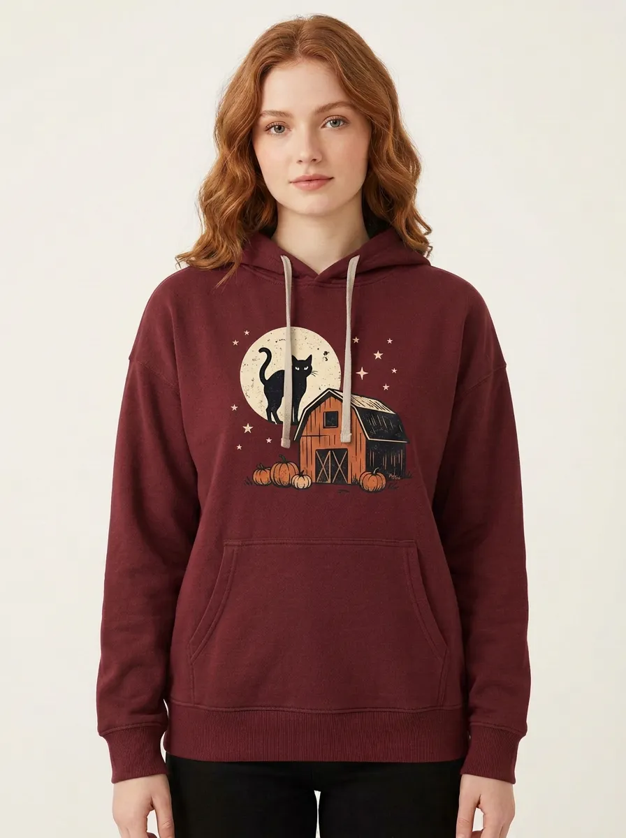 Women's Halloween Black Cat Barn Pumpkin Printed Hoodie
