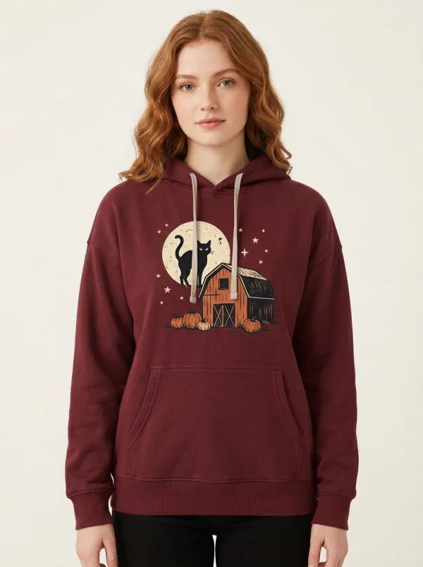 Women's Halloween Black Cat Barn Pumpkin Printed Hoodie
