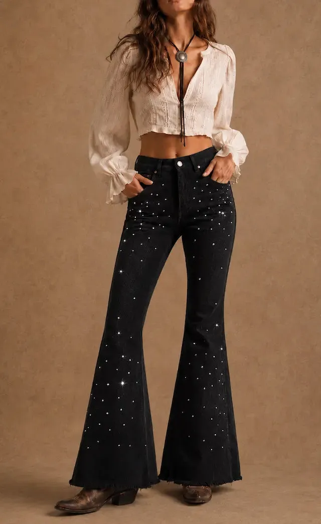 Bell Bottom Rhinestone Detail Studded Detail Retro Style Denim Jeans
