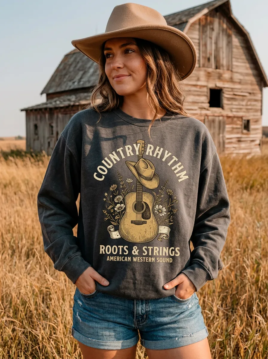 Guitar Cowboy-Hat Women's Country Music Crew Neck Sweatshirt