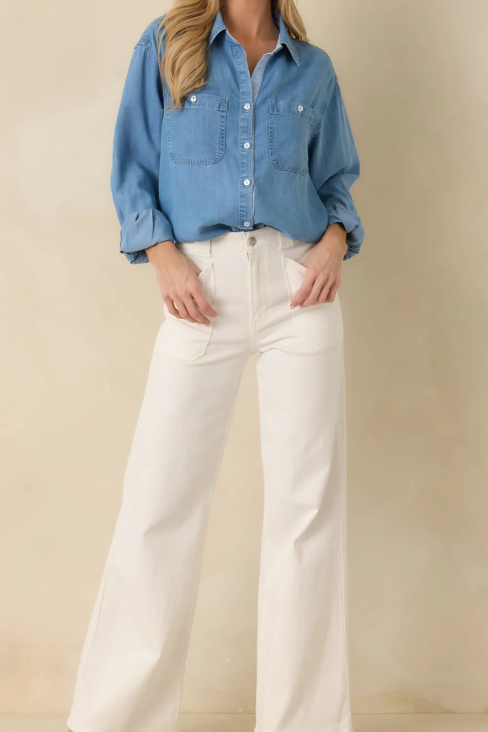 Denim Plaid Button Front Blouse