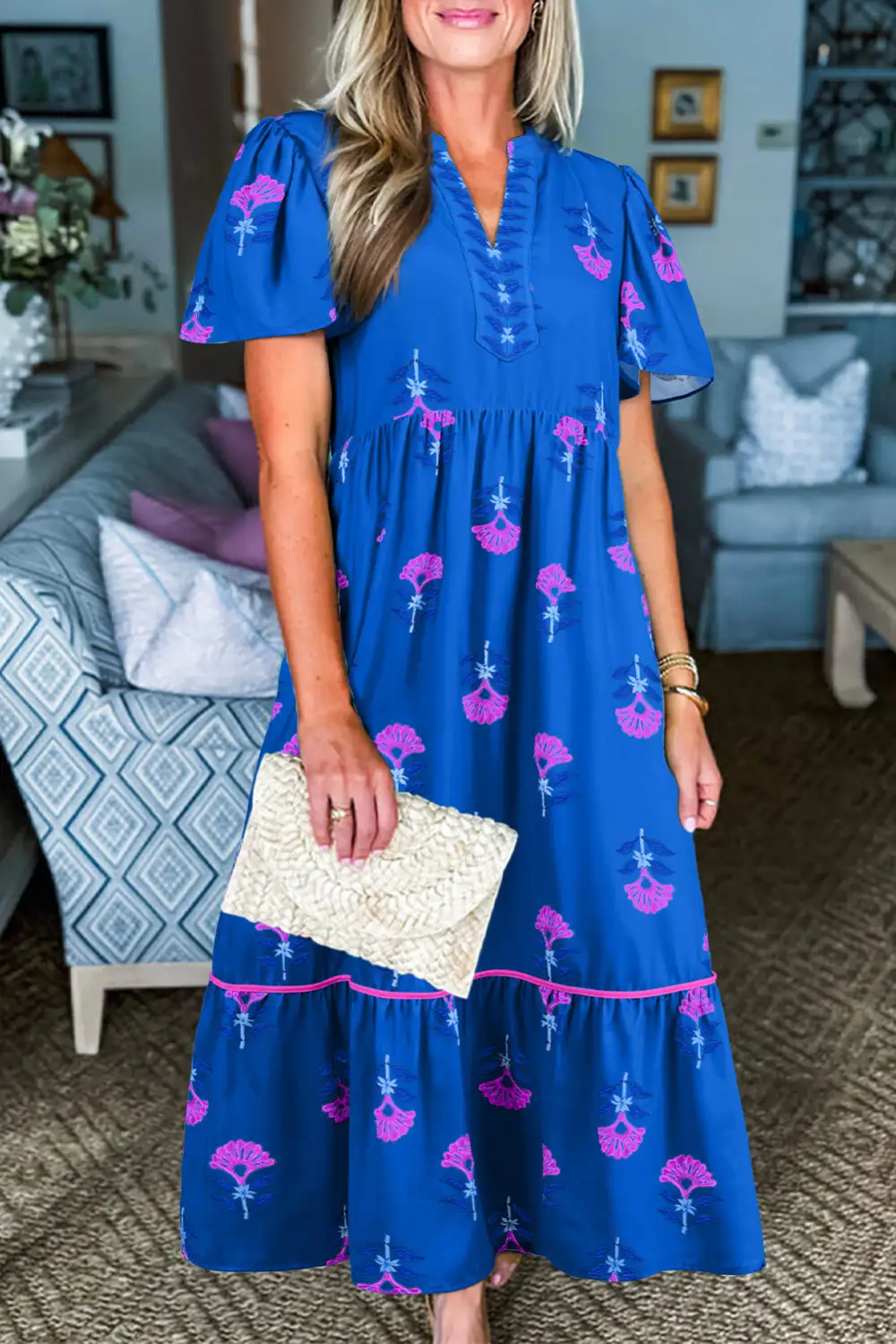 Maxi Floral Print Notched Neck Butterfly Sleeve Shift Long