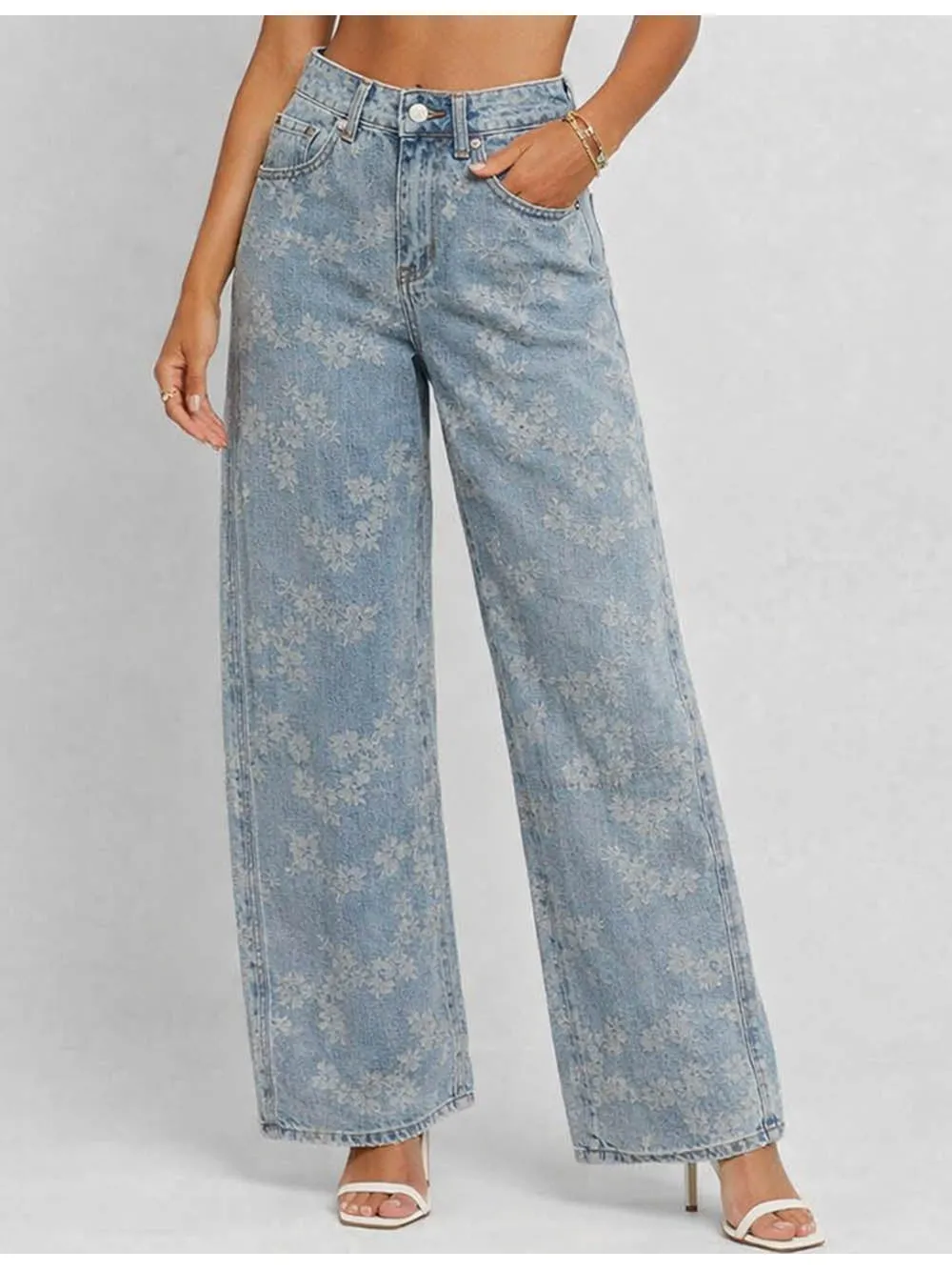 Jacquard Button Pocket Wide Leg Denim Pants