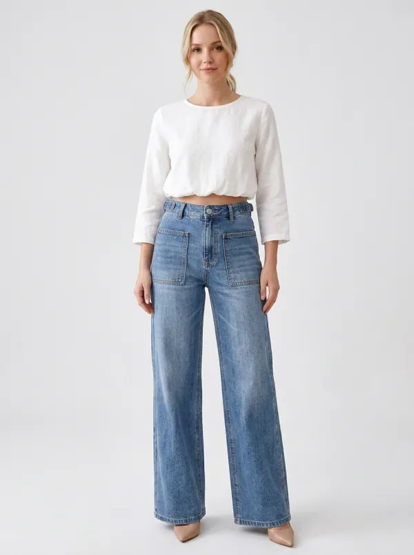Women's Casual Fashion Wide Leg Patch Pocket Denim Jeans