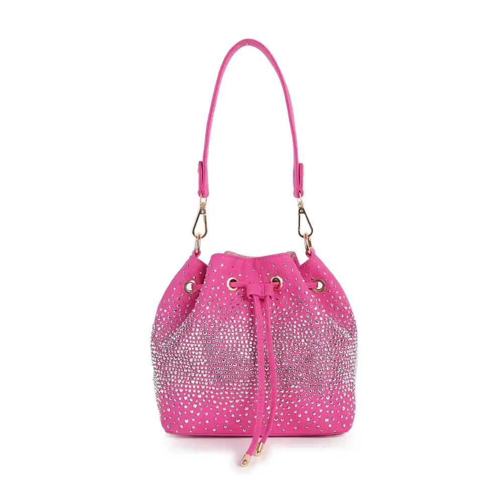 Crystal Accent Drawstring Pocketed Faux Leather Hobo Shoulder Bag