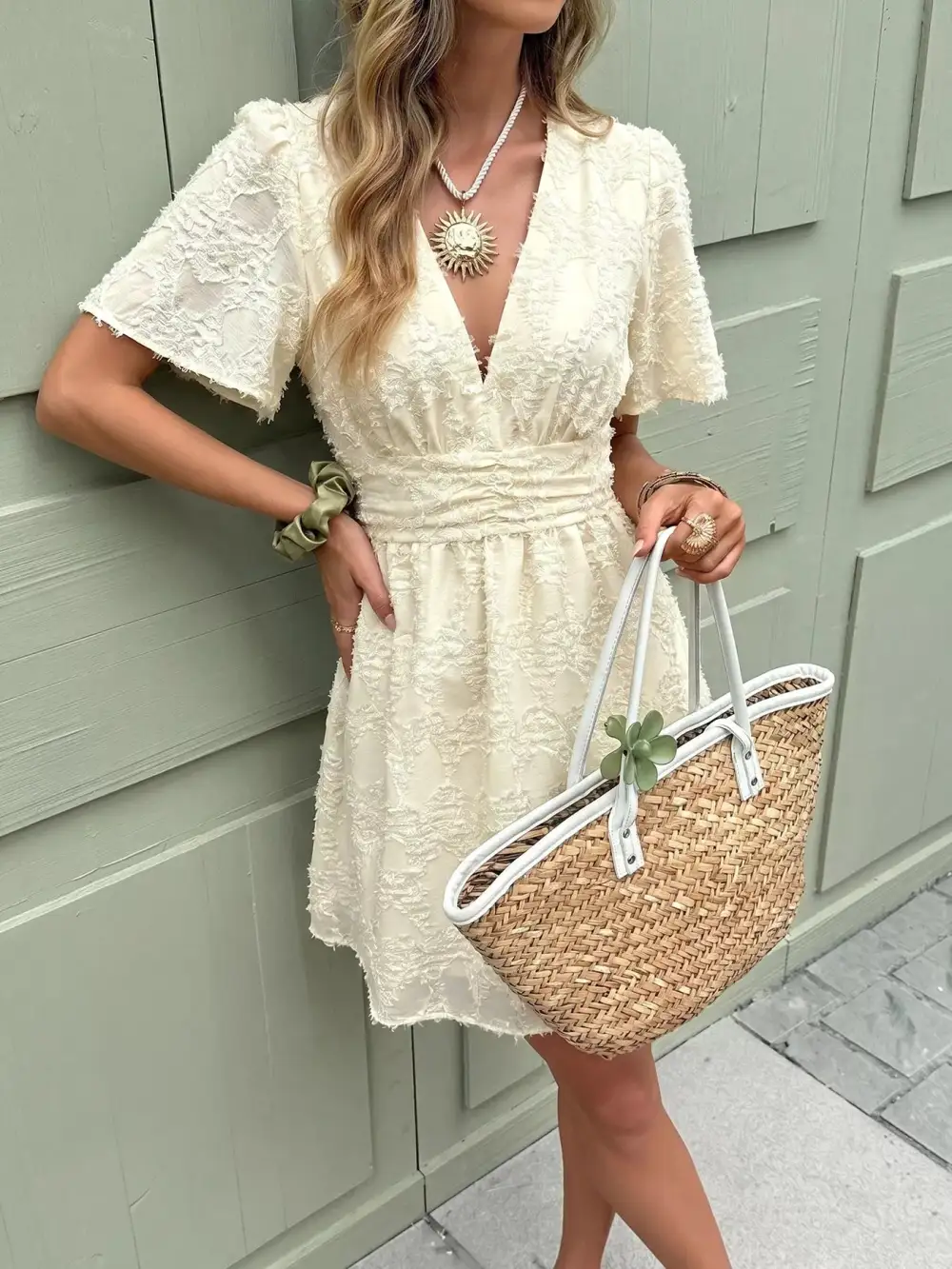 Smocked V-Neck Mini Dress