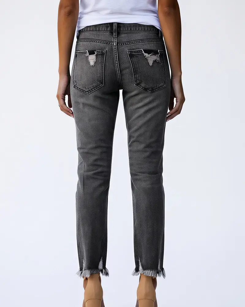 Distressed Cropped Raw-Hem Straight Jeans