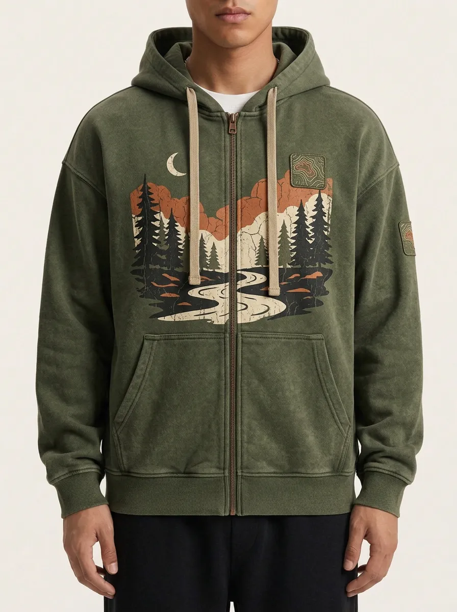 Men's Nature Lover Forest River Moon Printed Zip Up Hoodie