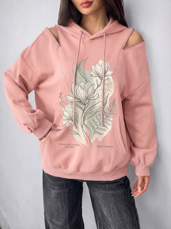 Women's Botanical Paris Floral Art Printed Cold Shoulder Hoodie