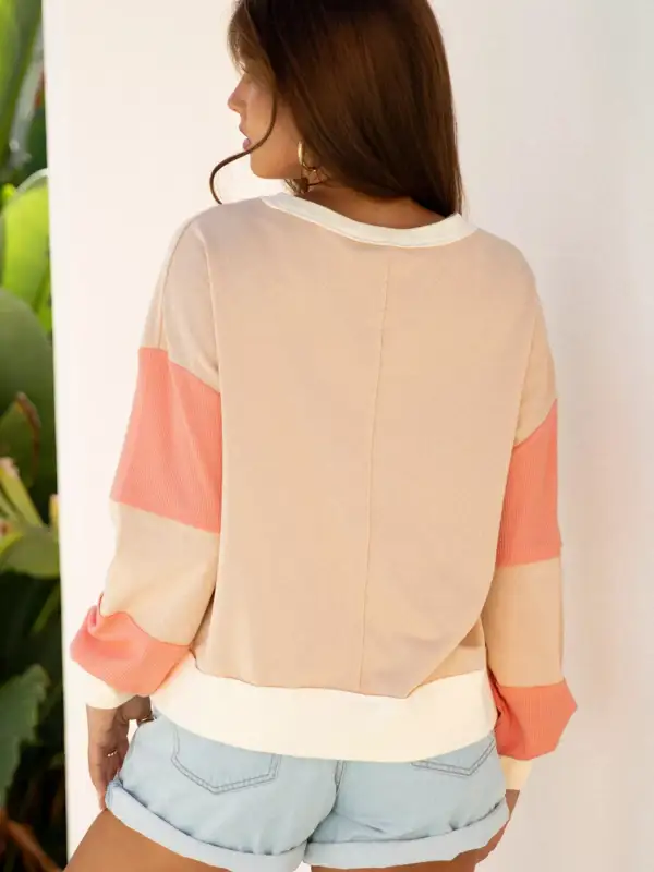 Waffle Knit Textured Color Block Sweatshirt
