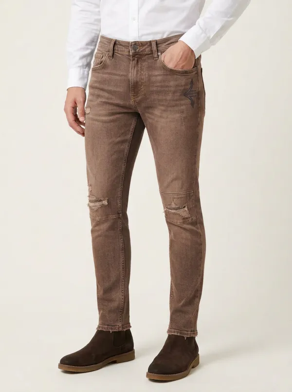 Men's Symbol Distressed Graphic Slim-Fit Jeans