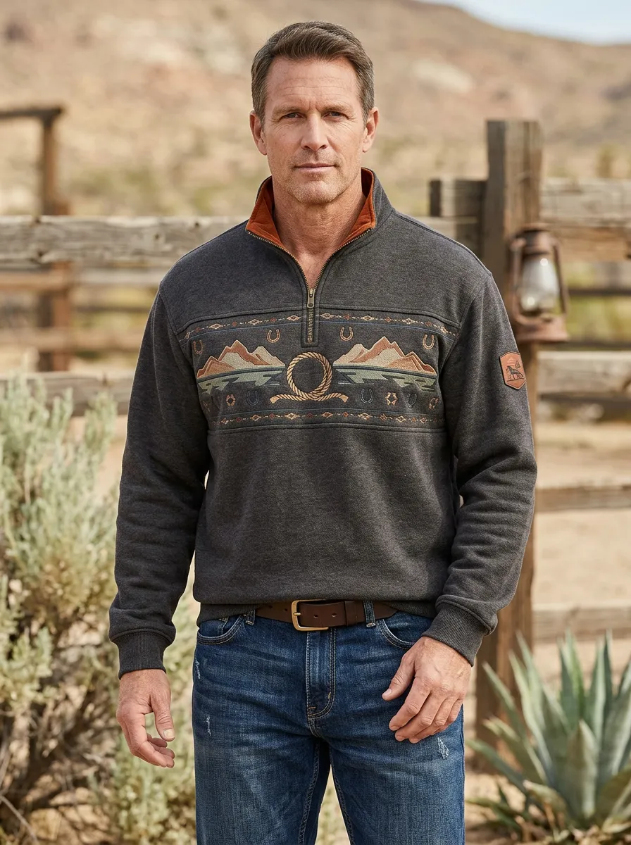 Prairie Horseshoe Horse Mountain Artwork Men's Western Sweatshirt