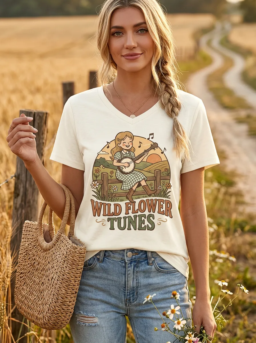 Prairie-Inspired Banjo Wildflower Custom Country Music V-Neck T-Shirt