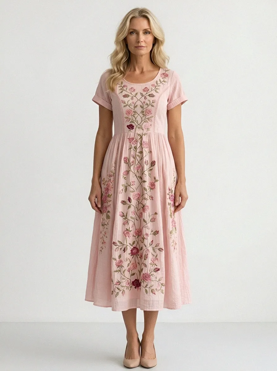 Women's Breast Cancer Awareness Rose Floral Embroidered Printed Dress