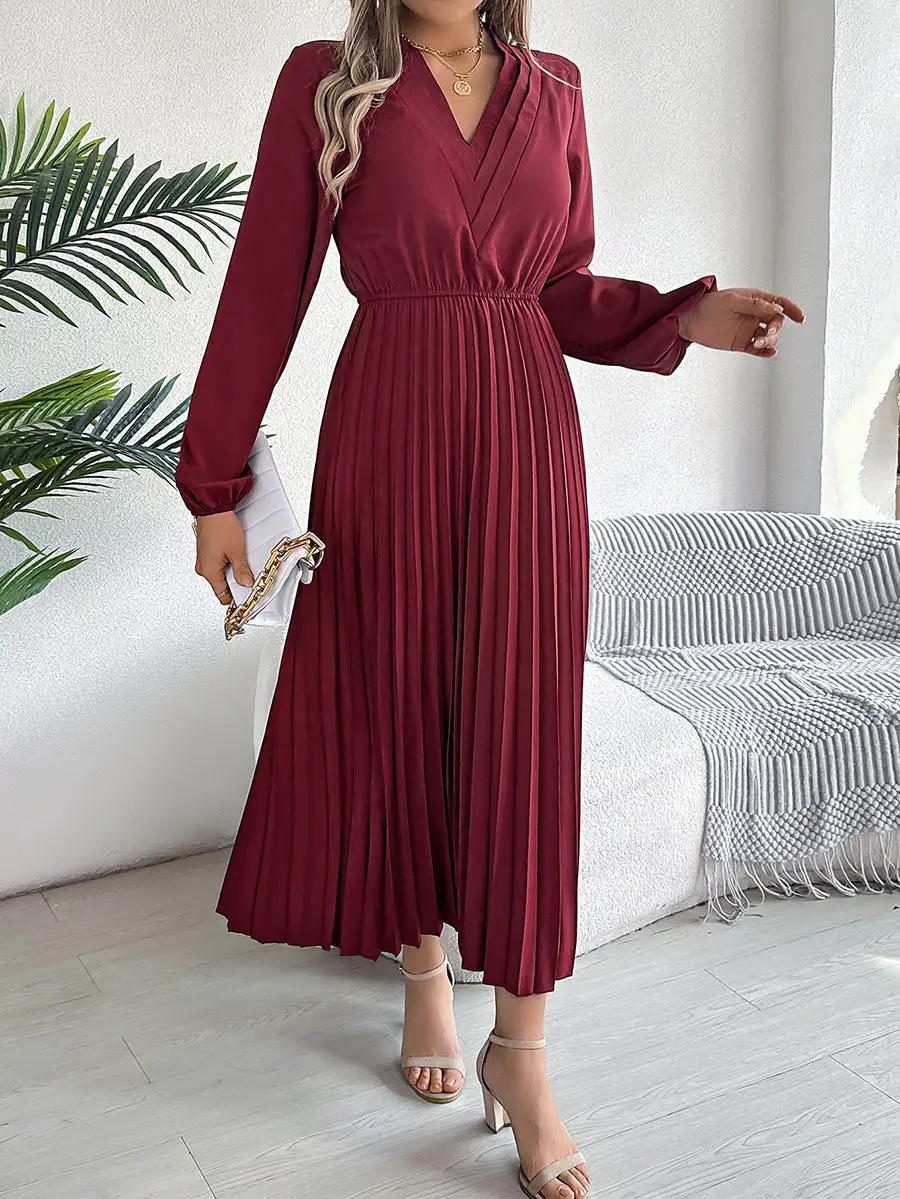 Elasticity Pleated Neck Maxi Dress