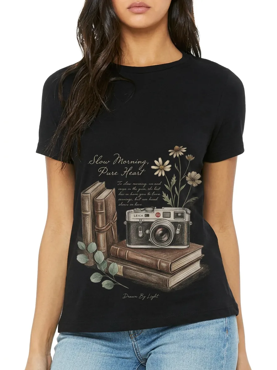 Women's Photography Book Lover Vintage Camera Floral Printed T-shirt
