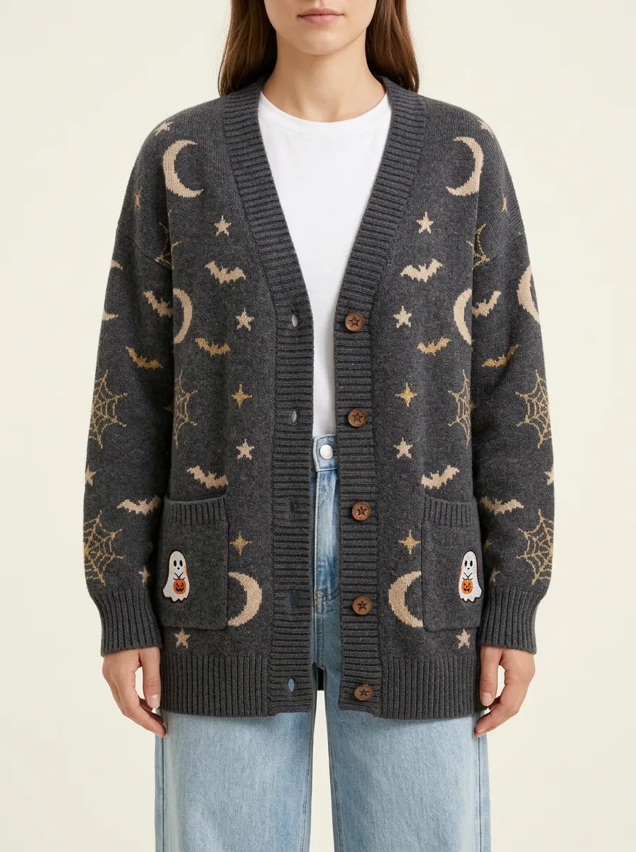 Women's Halloween Ghost Moon Bat Spiderweb Patterned Cardigan