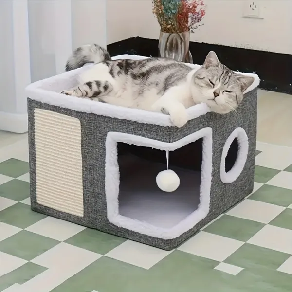 Multi-Functional Cat Condo with Scratching Post and Toy, Cat Furniture for Play and Rest