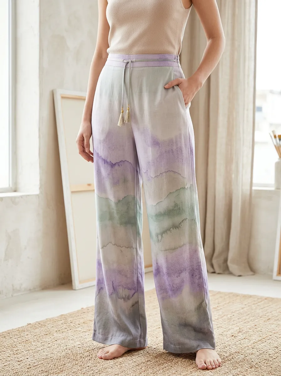 Women's Relaxed Watercolor Landscape Pattern Printed Wide Leg Pants