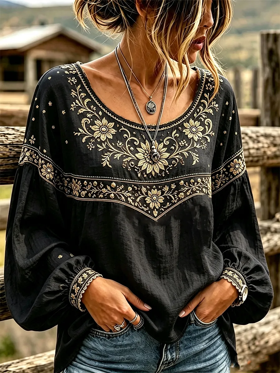 Women'S Floral Pattern Long Sleeved Linen Shirt