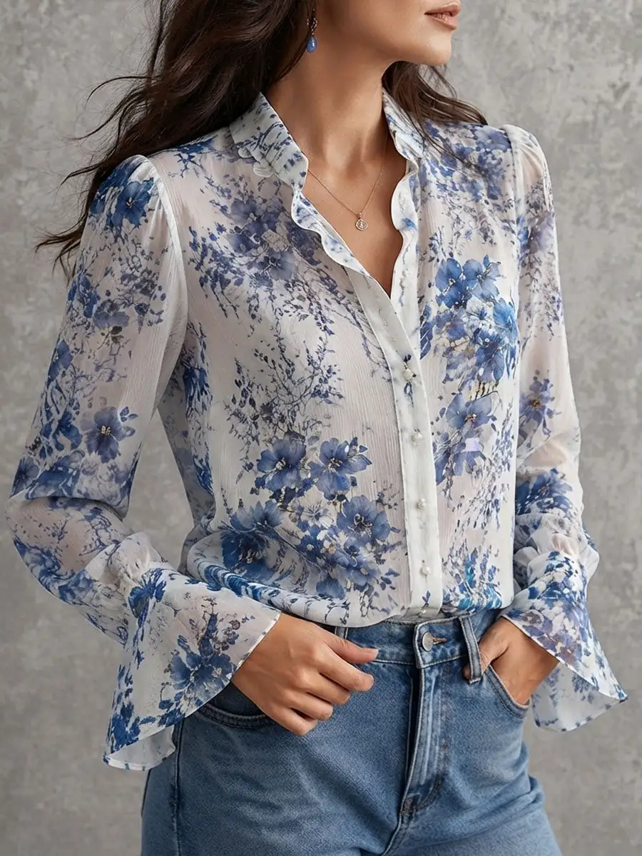 Boho Blue Floral Crinkle Chiffon Ruffle Collar Blouse